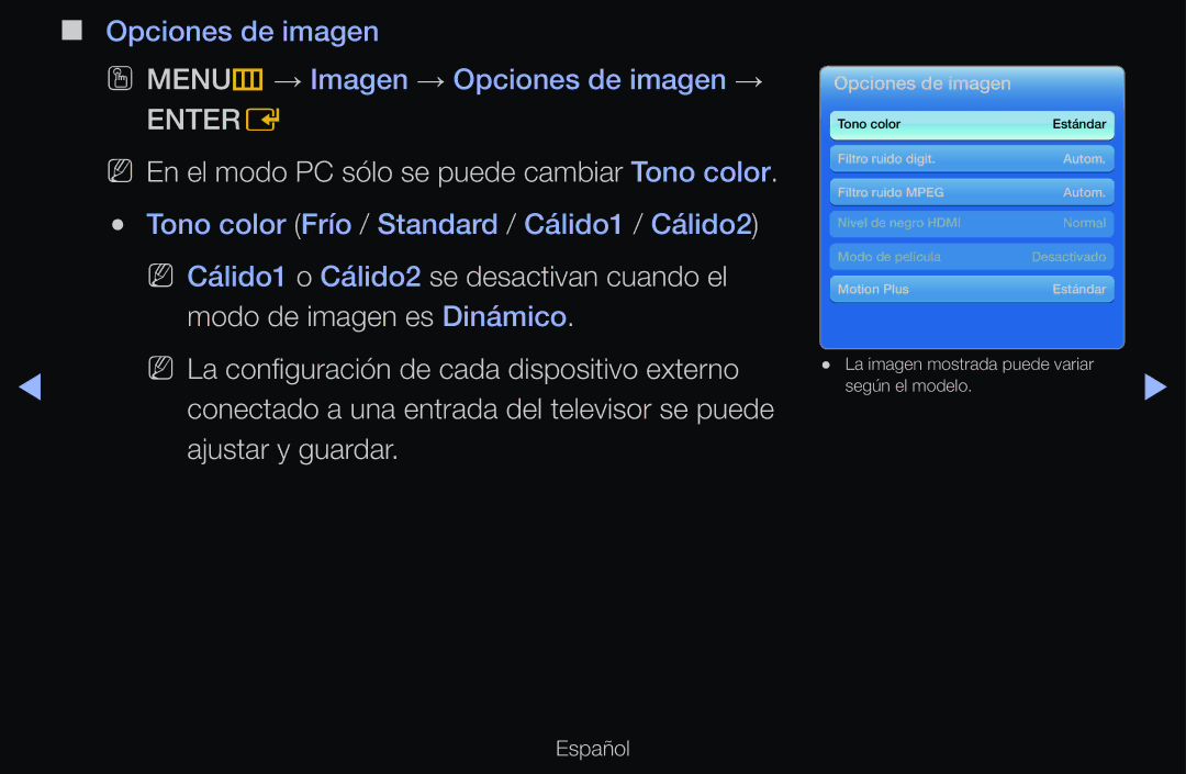 Samsung UE32D6100SWXXC, UE60D6500VSXZG, UE40D6200TSXZG manual Entere, NN En el modo PC sólo se puede cambiar Tono color 