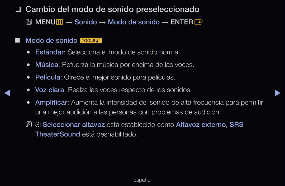 Samsung UE46D6100SWXXC, UE60D6500VSXZG, UE40D6200TSXZG, UE46D6530WSXXN manual Cambio del modo de sonido preseleccionado 