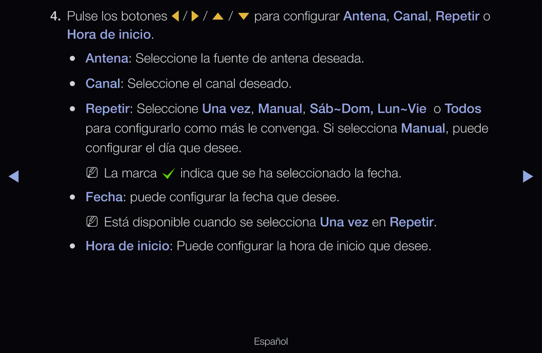 Samsung UE32D6530WSXZG, UE60D6500VSXZG, UE40D6200TSXZG manual Repetir Seleccione Una vez, Manual, Sáb~Dom, Lun~Vie o Todos 