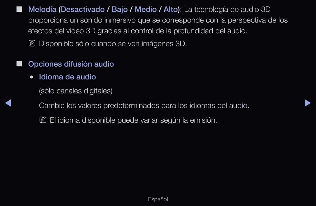 Samsung UE37D6200TSXZG, UE60D6500VSXZG, UE40D6200TSXZG, UE46D6530WSXXN manual Opciones difusión audio Idioma de audio 