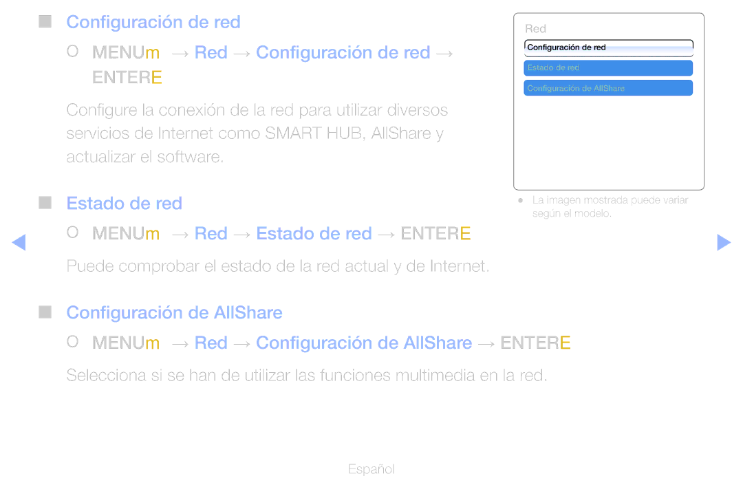 Samsung UE40D6750WSXXC, UE60D6500VSXZG, UE40D6200TSXZG manual Configuración de red OO MENUm → Red → Configuración de red → 