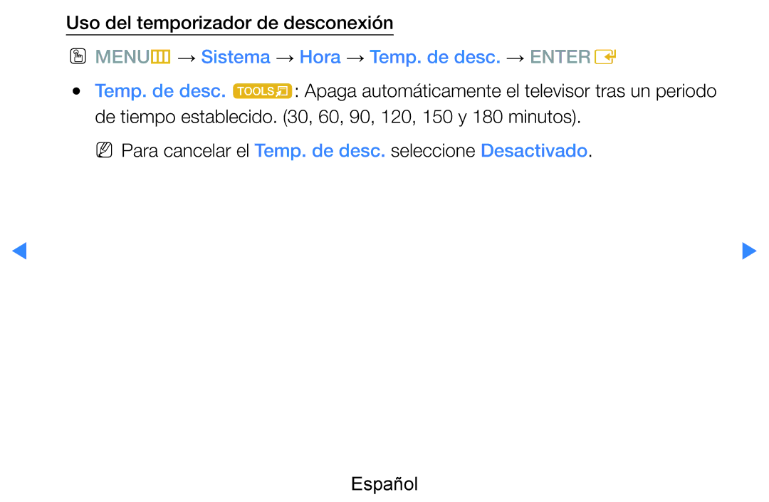 Samsung UE60D8000YSXXC manual Uso del temporizador de desconexión, OO MENUm → Sistema → Hora → Temp. de desc. → Entere 