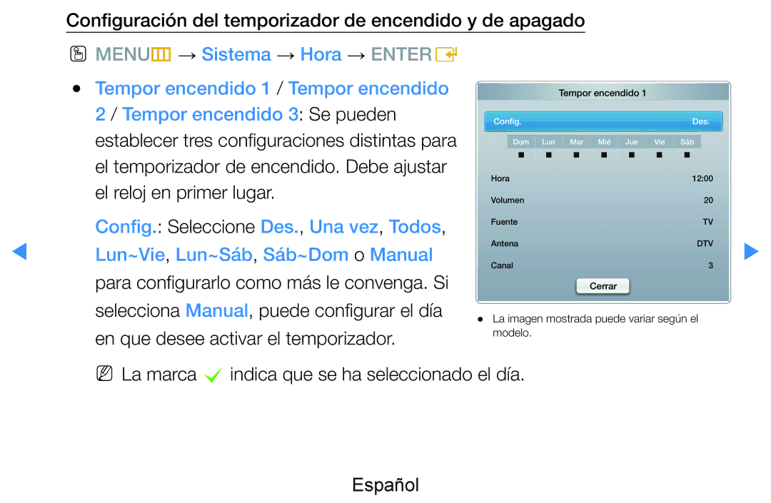 Samsung UE46D7090LSXZG, UE60D8000YSXXC, UE46D8000YSXXC manual Configuración del temporizador de encendido y de apagado 