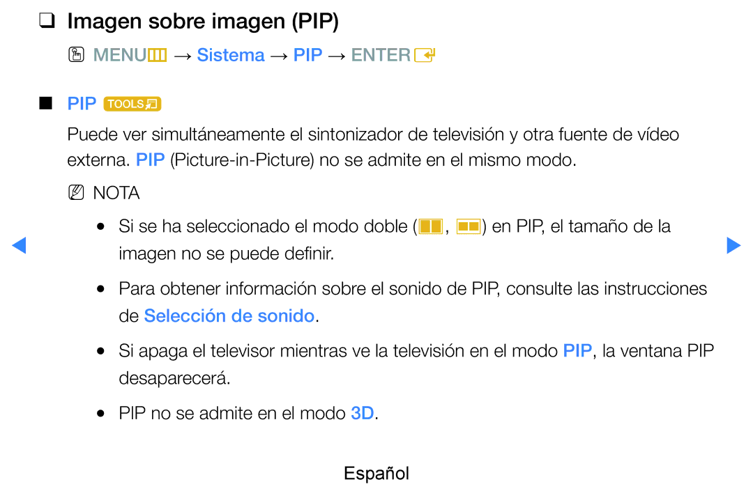 Samsung UE46D7000LSXXC manual Imagen sobre imagen PIP, OO MENUm → Sistema → PIP → Entere PIP t, De Selección de sonido 