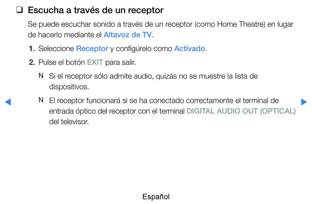 Samsung UE60D8000YSXXC, UE46D7090LSXZG, UE46D8000YSXXC manual Escucha a través de un receptor, Del televisor Español 