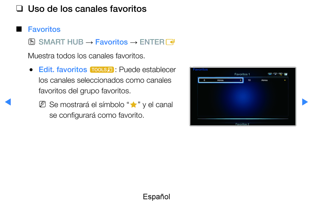 Samsung UE46D8000YSXXC, UE60D8000YSXXC, UE46D7090LSXZG, UE55D7000LSXXH manual Uso de los canales favoritos, Favoritos 