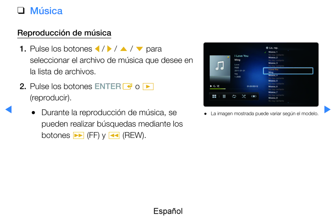 Samsung UE55D7000LSXXH manual Reproducción de música Pulse los botones l / r / u / d para, La lista de archivos, Reproducir 