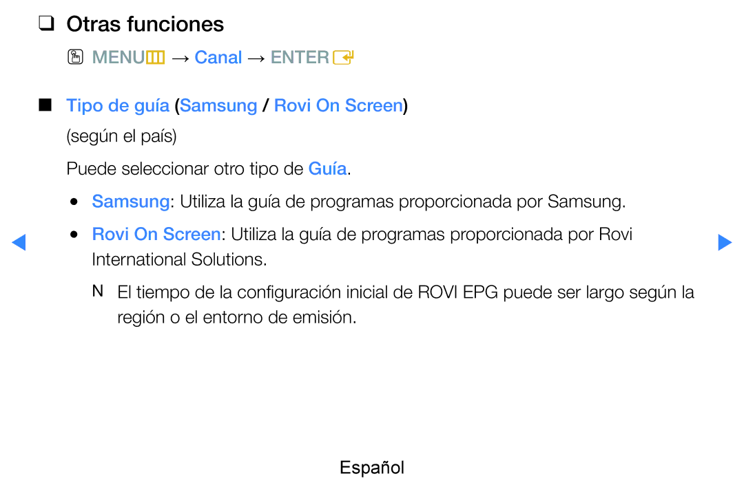 Samsung UE40D8000YSXXC Otras funciones, Tipo de guía Samsung / Rovi On Screen, Región o el entorno de emisión Español 