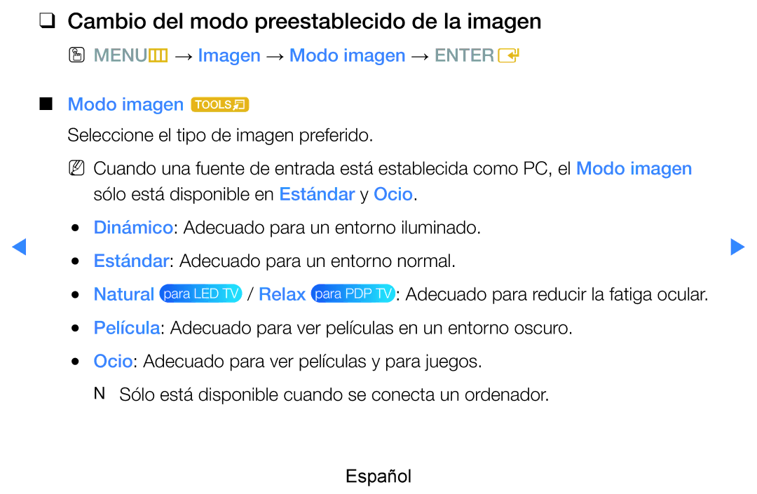 Samsung UE46D8000YSXXC Cambio del modo preestablecido de la imagen, OO MENUm → Imagen → Modo imagen → Entere Modo imagen t 