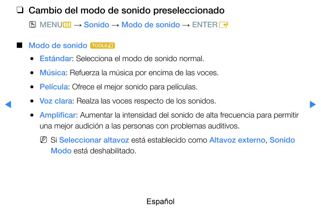 Samsung UE46D7000LSXXC, UE60D8000YSXXC manual Cambio del modo de sonido preseleccionado, Modo está deshabilitado Español 