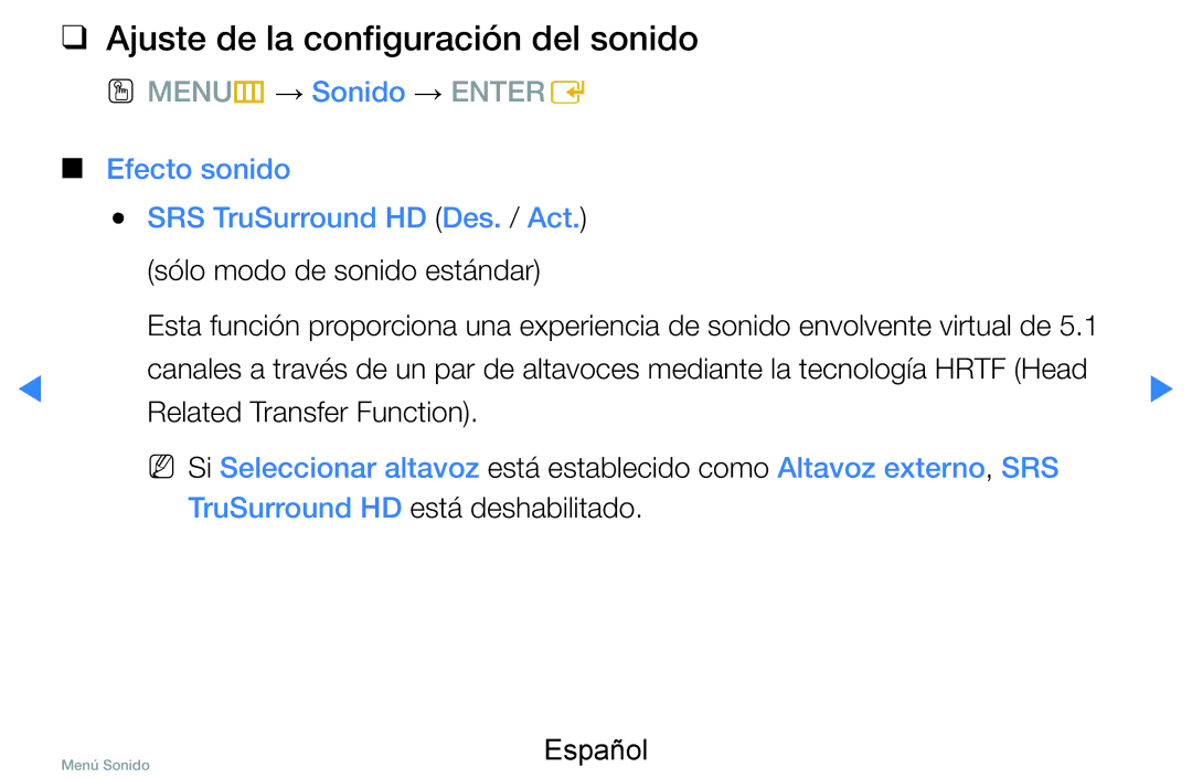 Samsung UE46D7000LSXZF, UE60D8000YSXXC Ajuste de la configuración del sonido, Efecto sonido SRS TruSurround HD Des. / Act 