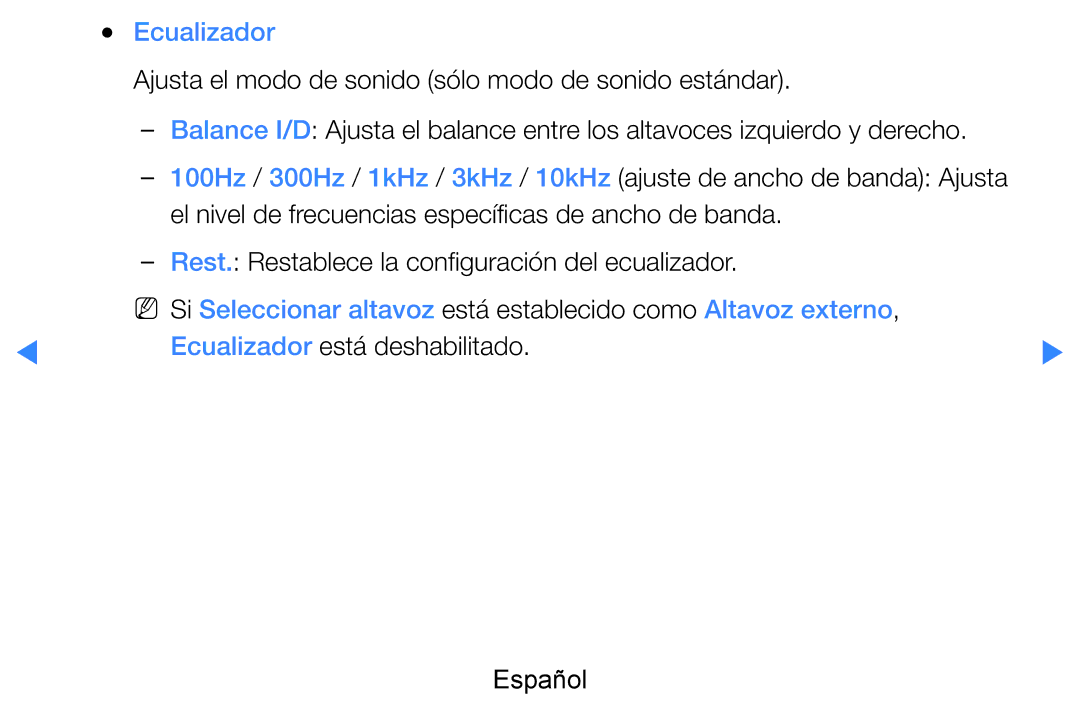 Samsung UE40D7000LSXXC, UE60D8000YSXXC, UE46D7090LSXZG, UE46D8000YSXXC manual Ecualizador está deshabilitado Español 