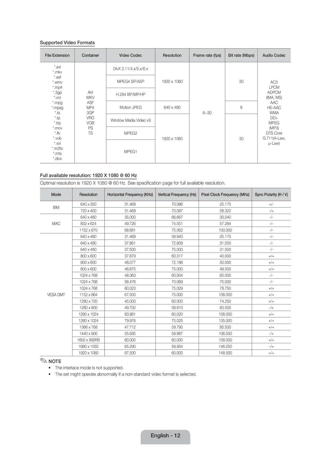 Samsung UE60EH6000SXZF manual Supported Video Formats, Asf, ~30, +/+ 