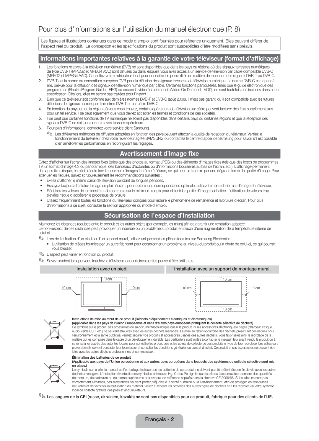 Samsung UE60EH6000SXZF Avertissement d’image fixe, Sécurisation de l’espace d’installation, Installation avec un pied 