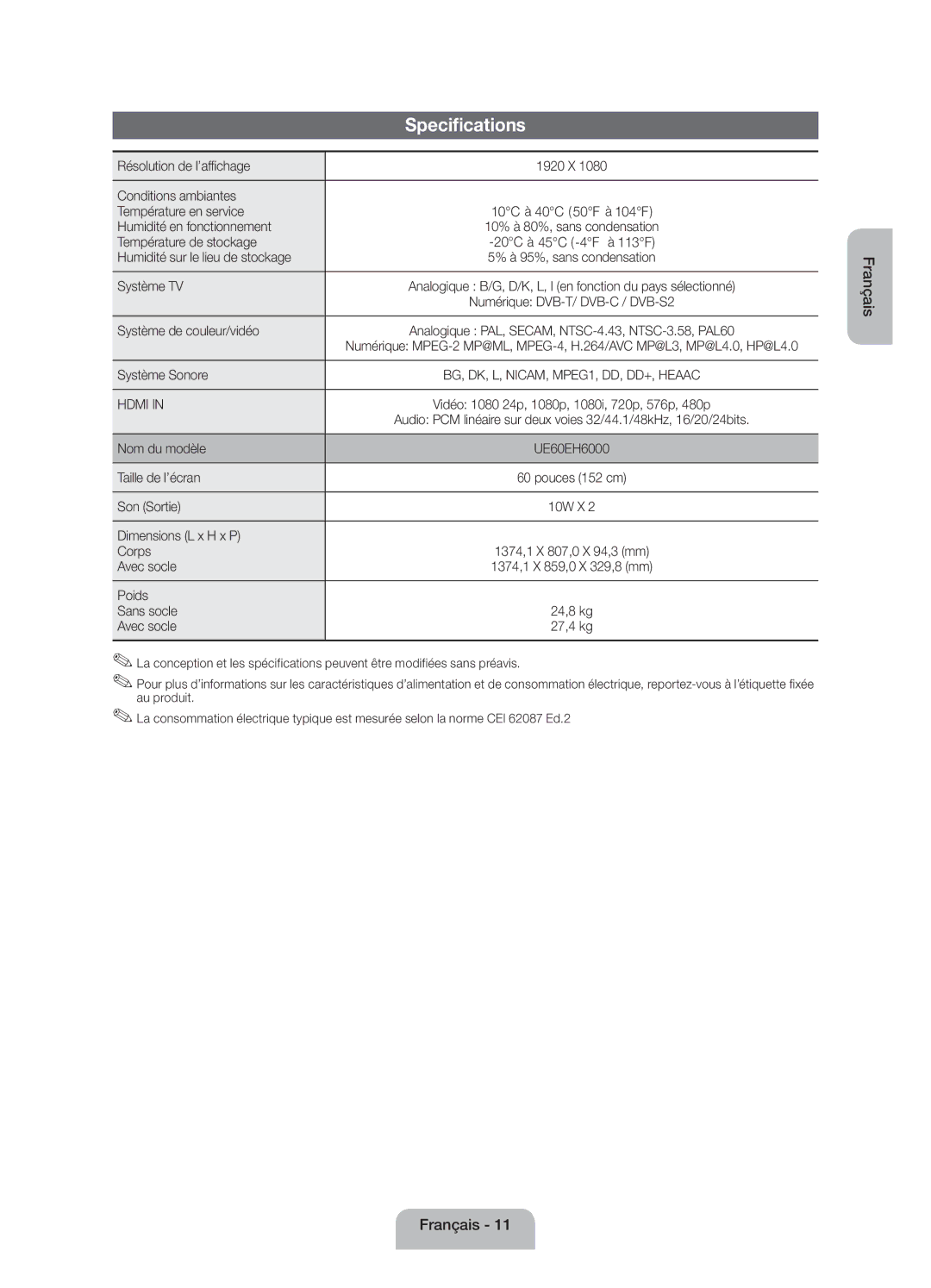 Samsung UE60EH6000SXZF Résolution de l’affichage, Conditions ambiantes Température en service, Humidité en fonctionnement 