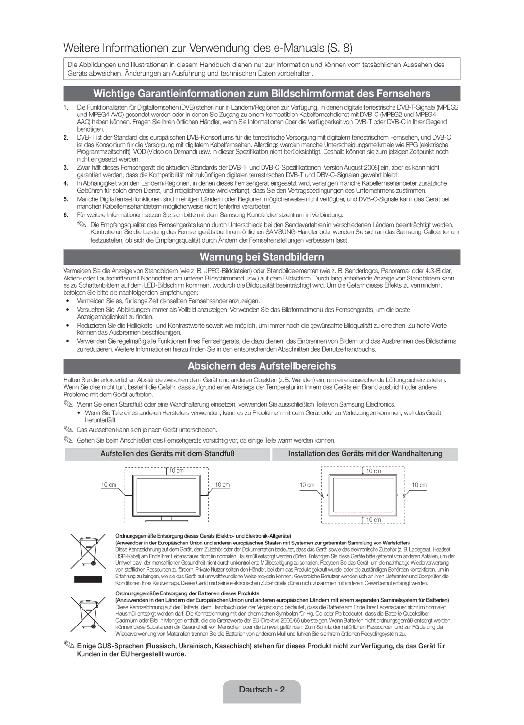 Samsung UE60EH6000SXZF manual Warnung bei Standbildern, Absichern des Aufstellbereichs 