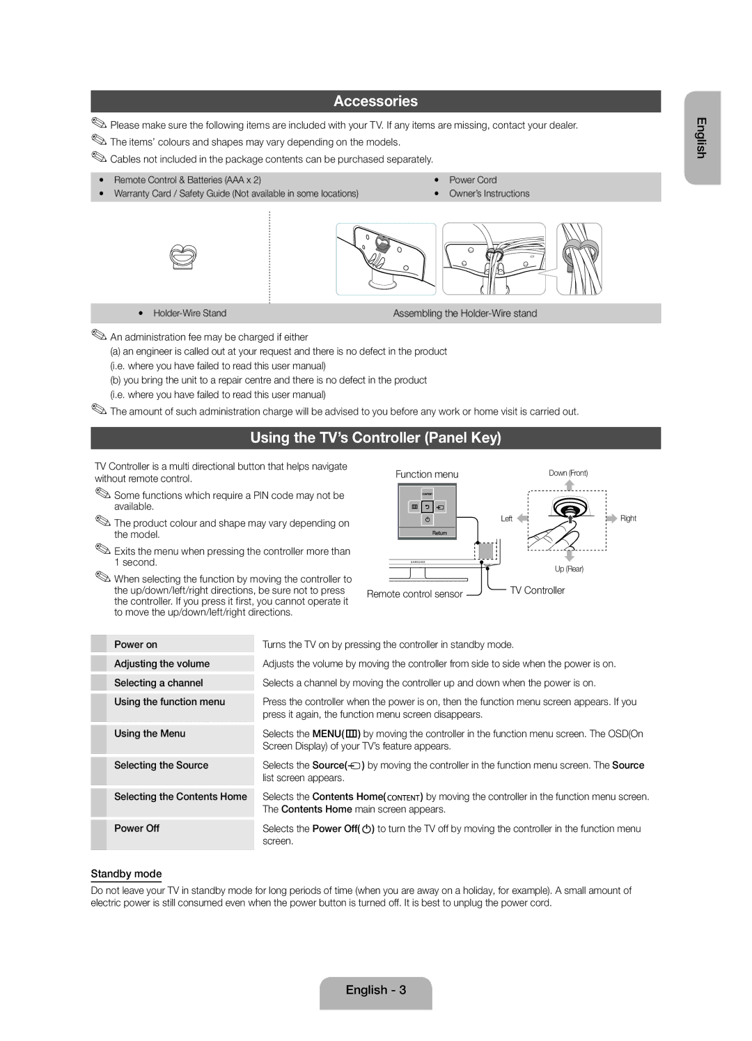 Samsung UE60EH6000SXZF manual Accessories, Using the TV’s Controller Panel Key, Standby mode 