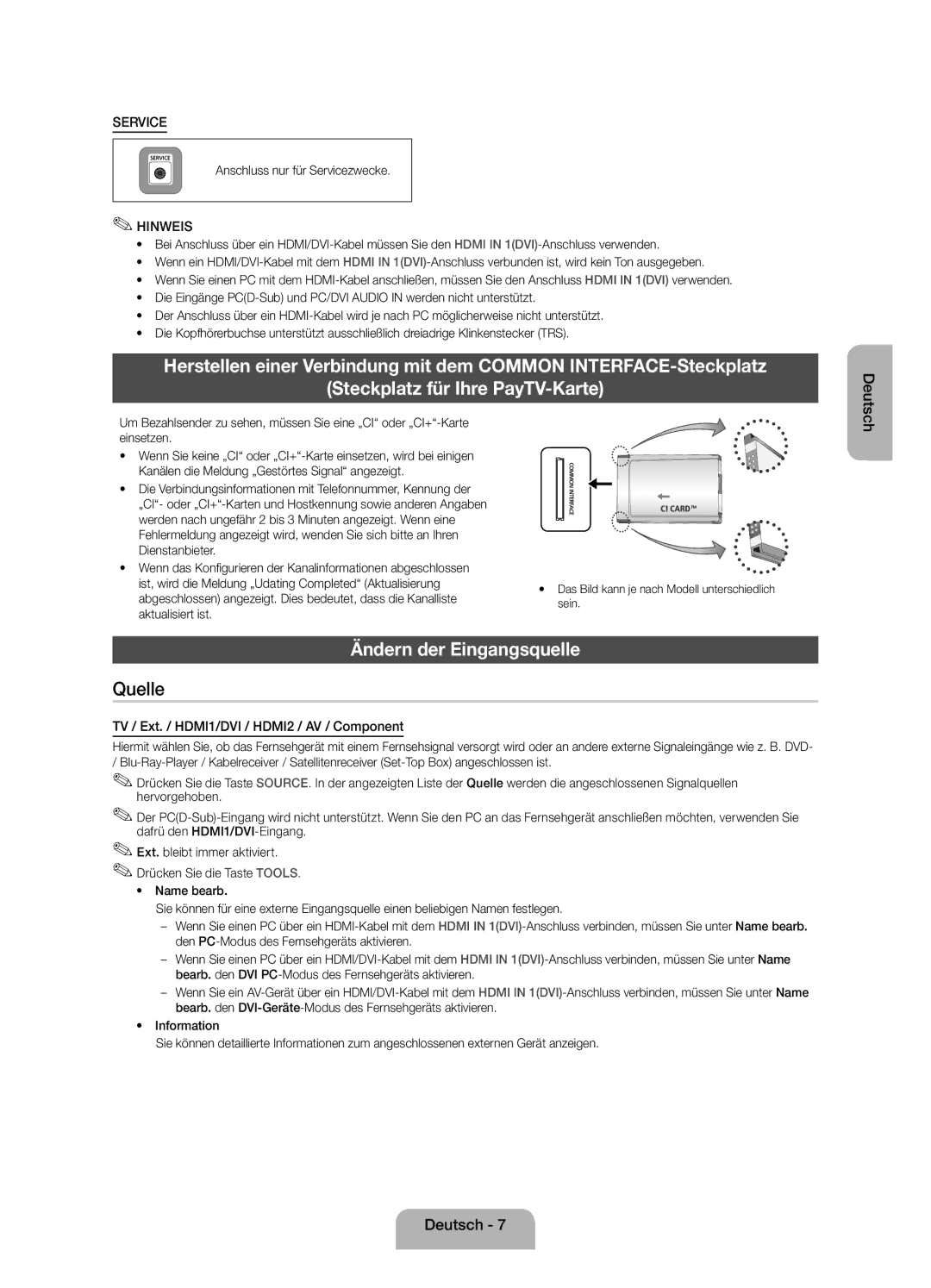 Samsung UE60EH6000SXZF manual Ändern der Eingangsquelle, Anschluss nur für Servicezwecke 