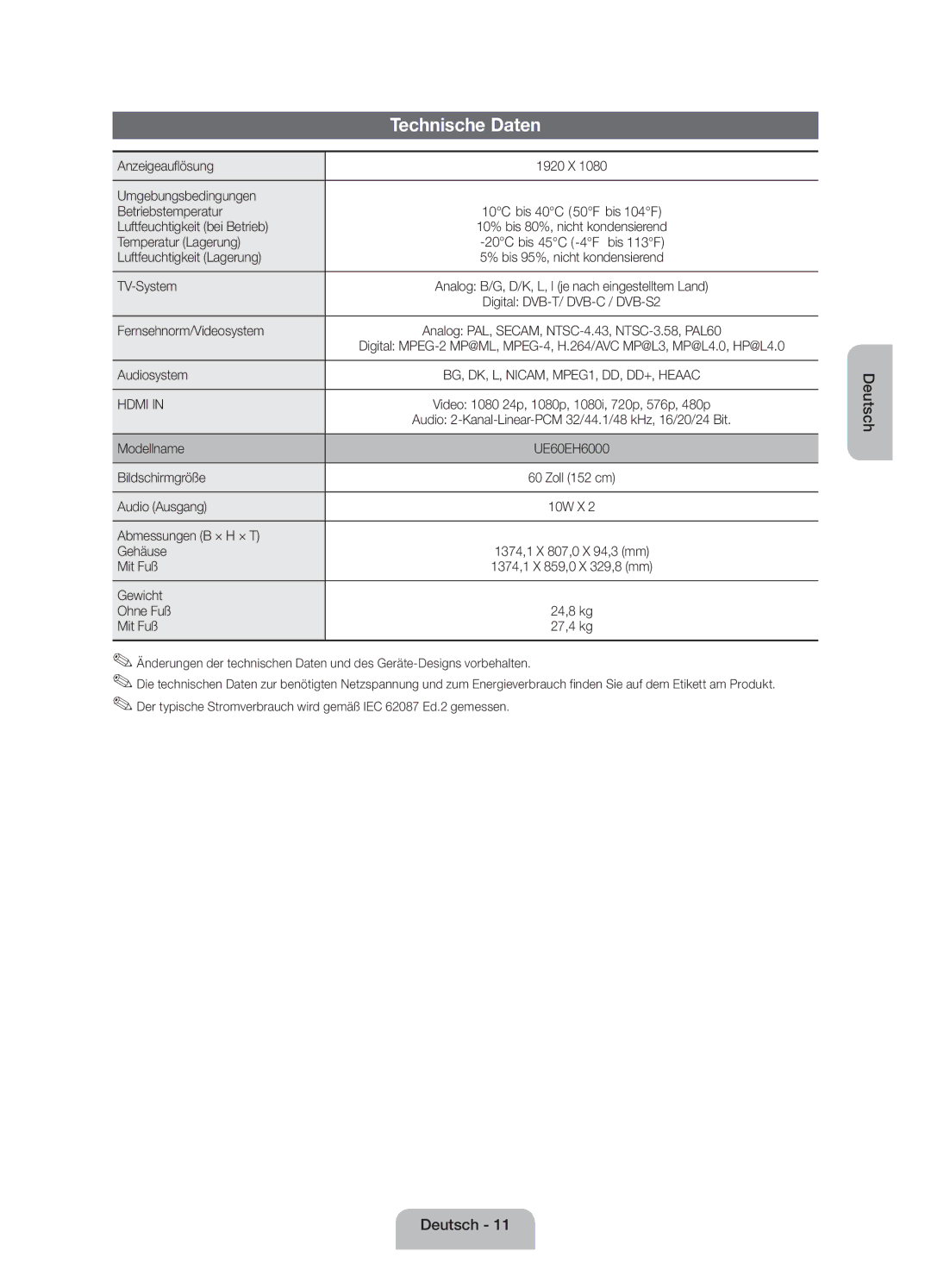 Samsung UE60EH6000SXZF manual Technische Daten 