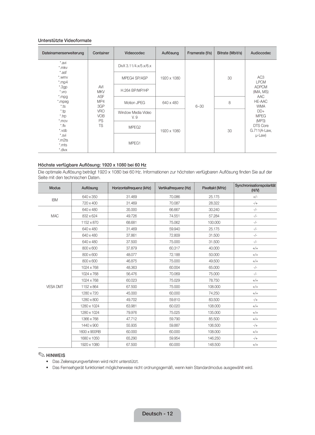 Samsung UE60EH6000SXZF Unterstützte Videoformate, Dateinamenserweiterung Container Videocodec Auflösung, Modus Auflösung 