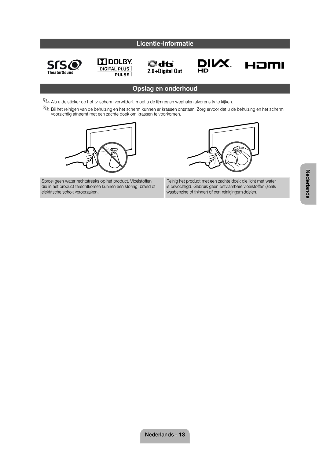 Samsung UE60EH6000SXZF manual Licentie-informatie Opslag en onderhoud 