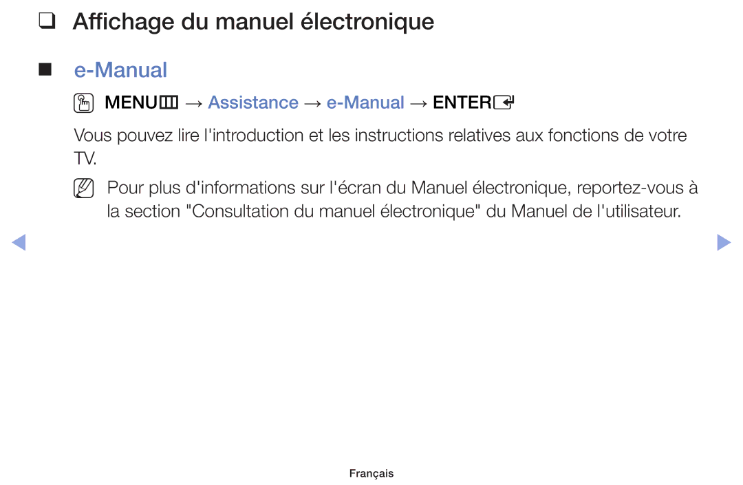 Samsung UE22F5000AWXZF, UE60F6100AWXZF Affichage du manuel électronique, OO MENUm → Assistance → e-Manual → Entere 