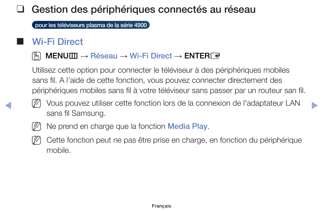 Samsung UE22F5000AWXZF, UE60F6100AWXZF, UE32F6100AWXZF manual Gestion des périphériques connectés au réseau, Wi-Fi Direct 