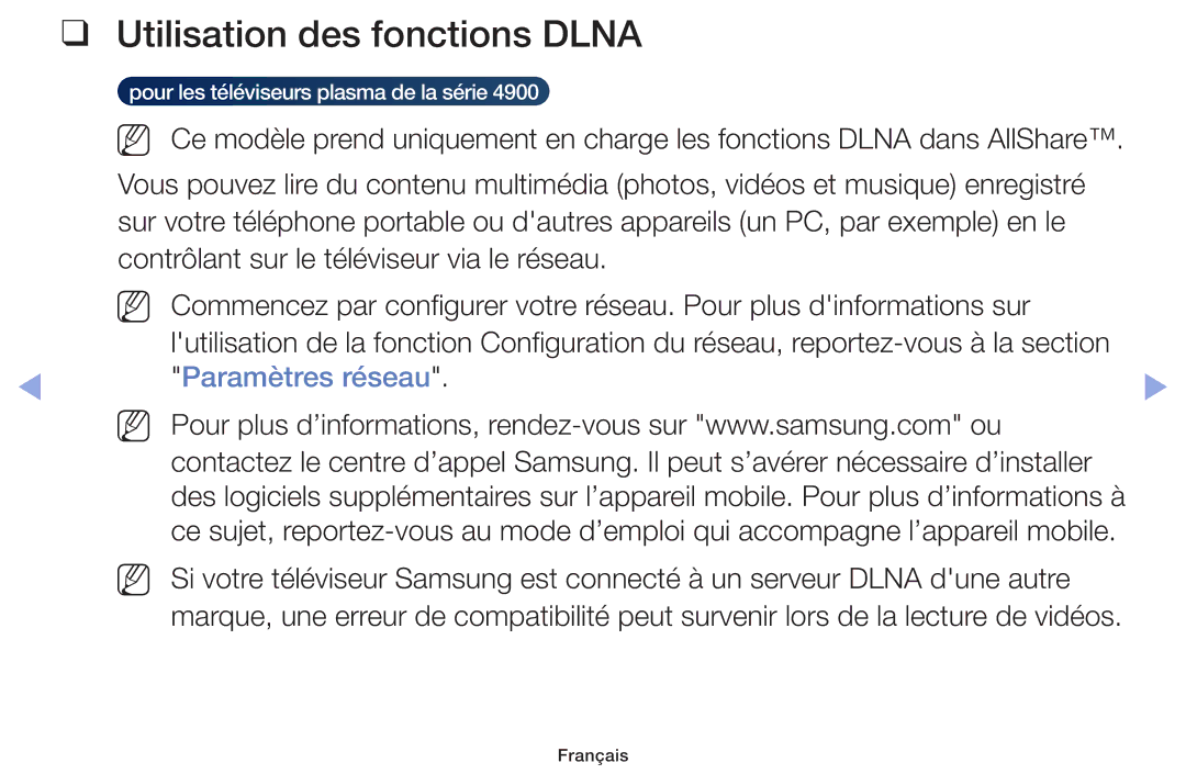 Samsung UE28F4000AWXZF, UE60F6100AWXZF, UE32F6100AWXZF, UE55F6100AWXZF Utilisation des fonctions Dlna, Paramètres réseau 