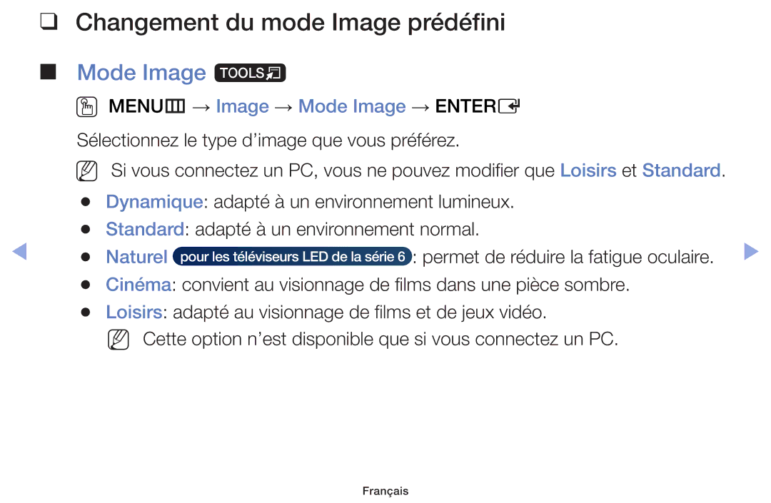 Samsung UE19F4000AWXZF Changement du mode Image prédéfini Mode Image t, OO MENUm → Image → Mode Image → Entere, Naturel 