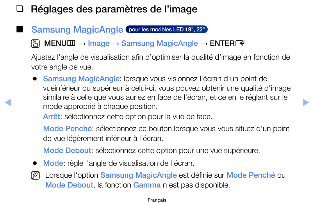 Samsung UE28F4000AWXZF, UE60F6100AWXZF Réglages des paramètres de l’image, OO MENUm → Image → Samsung MagicAngle → Entere 