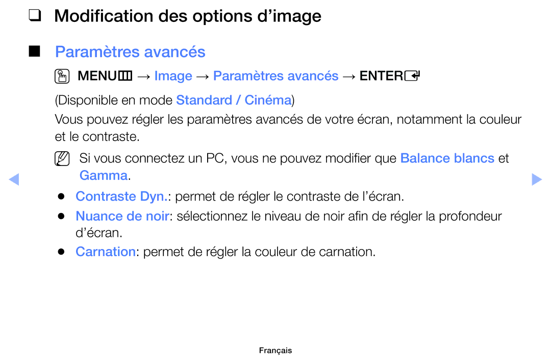 Samsung UE19F4000AWXZF, UE60F6100AWXZF, UE32F6100AWXZF manual Modification des options d’image, Paramètres avancés, Gamma 