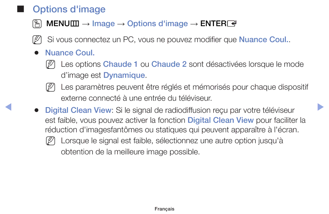 Samsung UE55F6100AWXZF, UE60F6100AWXZF, UE32F6100AWXZF manual OO MENUm → Image → Options dimage → Entere, Nuance Coul 