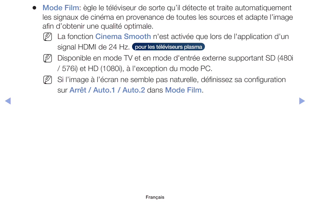 Samsung UE50F6100AWXZF, UE60F6100AWXZF, UE32F6100AWXZF, UE55F6100AWXZF manual Sur Arrêt / Auto.1 / Auto.2 dans Mode Film 