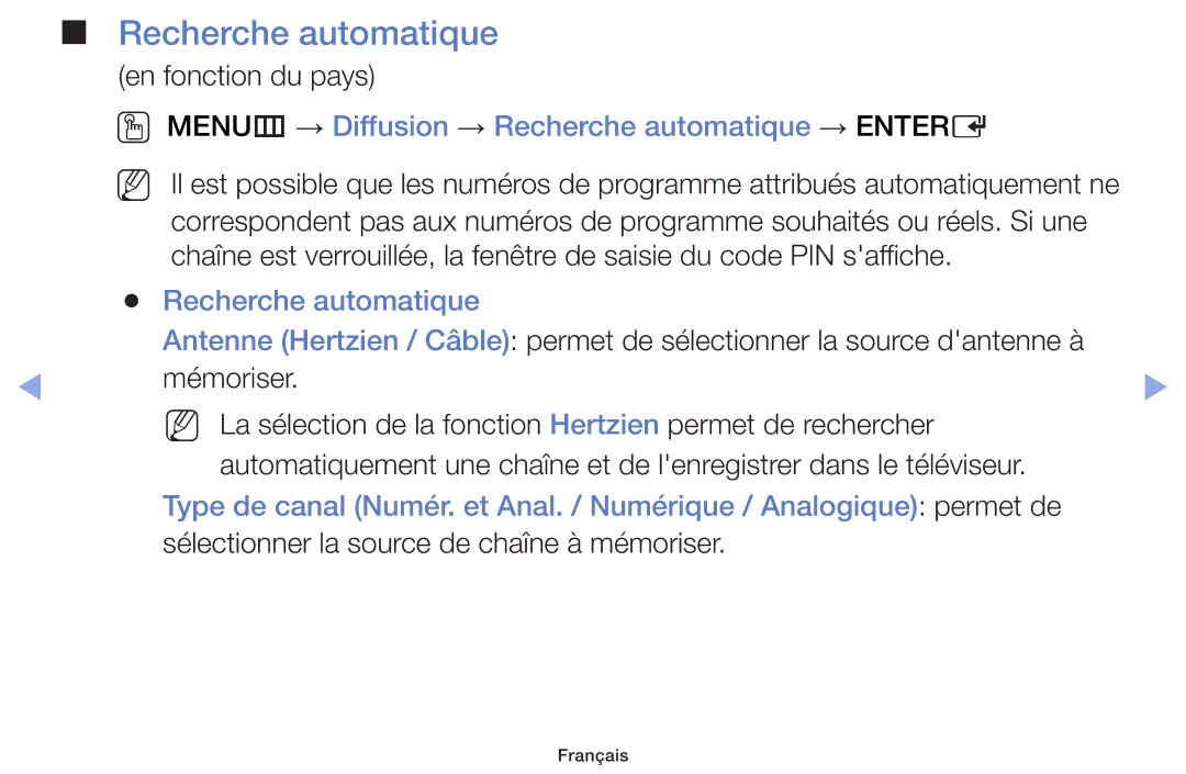 Samsung UE22F5000AWXZF, UE60F6100AWXZF, UE32F6100AWXZF manual OO MENUm → Diffusion → Recherche automatique → Entere 