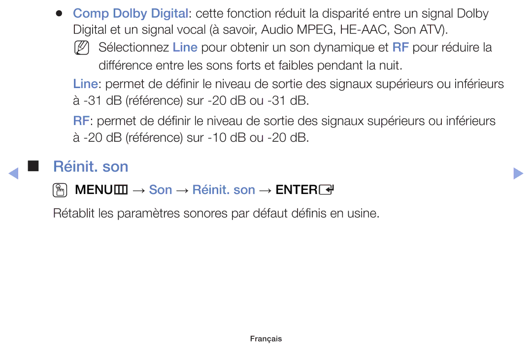 Samsung UE46F6100AWXZF, UE60F6100AWXZF, UE32F6100AWXZF, UE55F6100AWXZF manual OO MENUm → Son → Réinit. son → Entere 