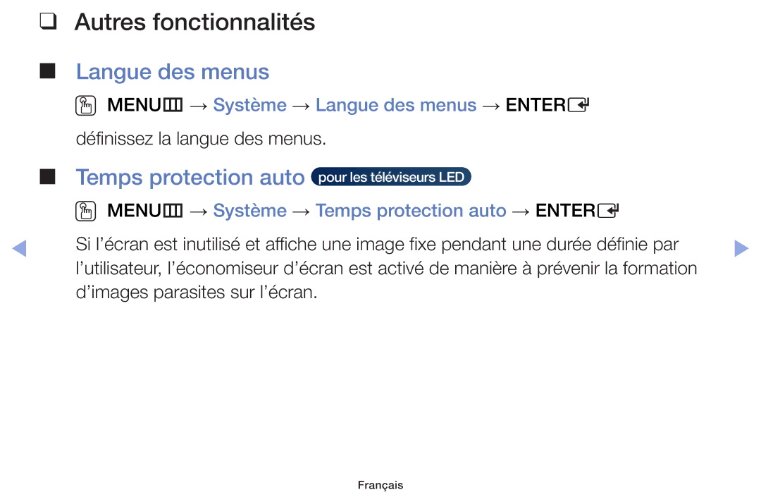 Samsung UE32F6100AWXZF, UE60F6100AWXZF manual Temps protection auto, OO MENUm → Système → Langue des menus → Entere 