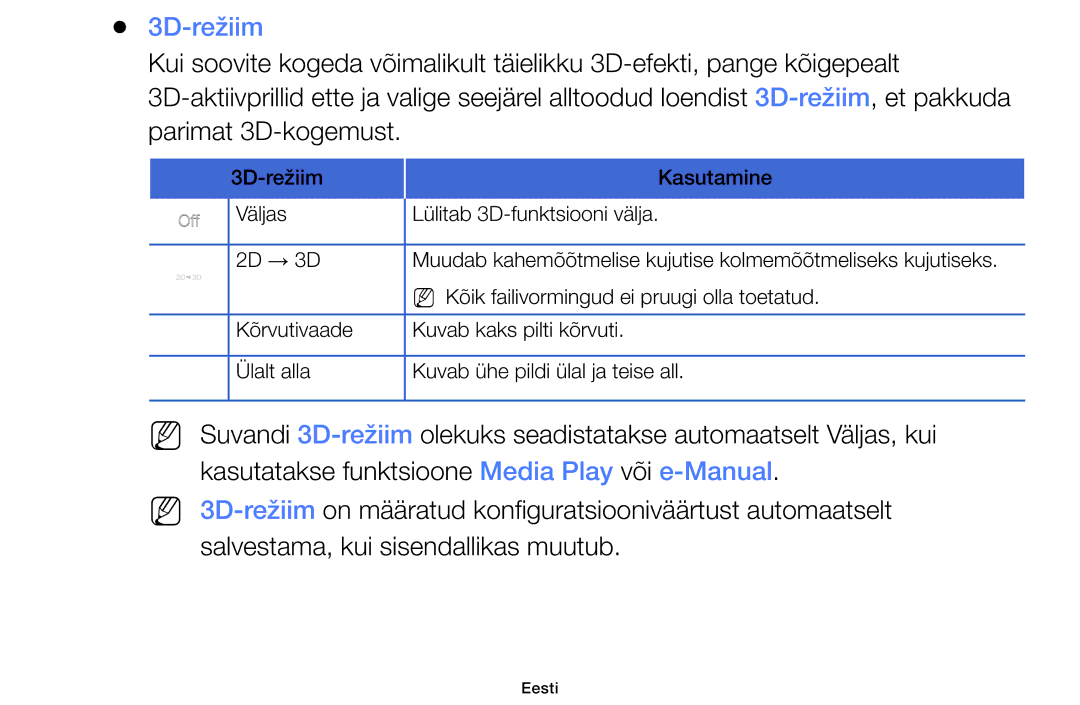 Samsung UE32F6100AWXBT, UE60F6170SSXZG, UE22F5000AWXBT, UE19F4000AWXBT, UE55F6100AWXBT, UE28F4000AWXBT manual 3D-režiim 