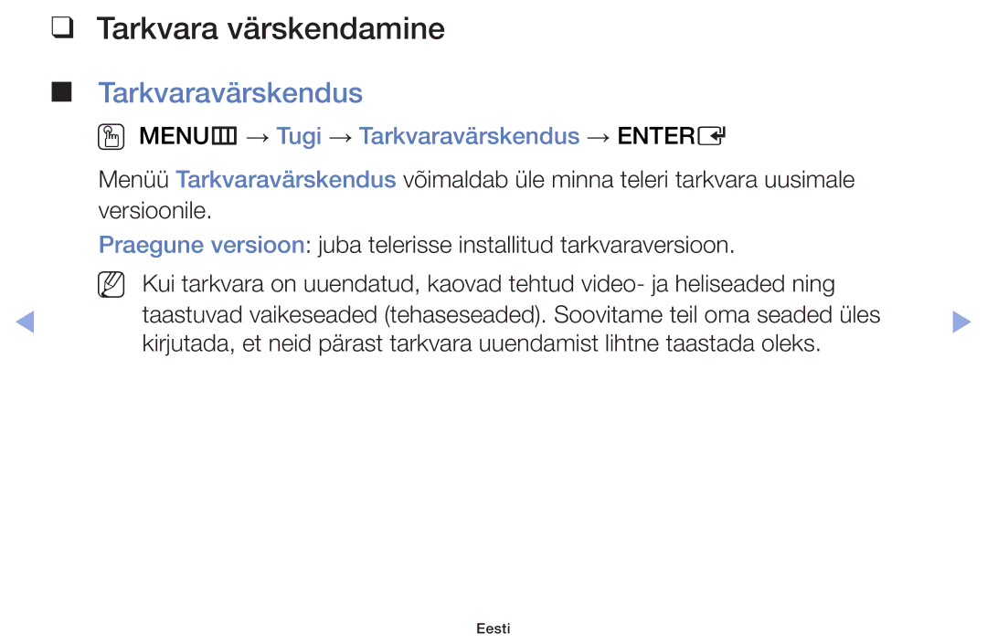 Samsung UE55F6100AWXBT, UE60F6170SSXZG manual Tarkvara värskendamine, OO MENUm → Tugi → Tarkvaravärskendus → Entere 