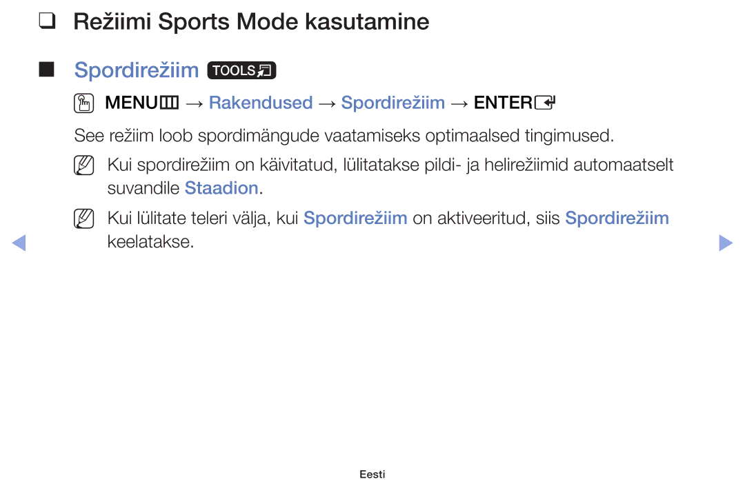 Samsung UE46F6100AWXBT manual Režiimi Sports Mode kasutamine, Spordirežiim t, OO MENUm → Rakendused → Spordirežiim → Entere 