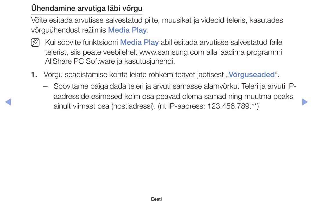 Samsung UE32F6100AWXBT, UE60F6170SSXZG, UE22F5000AWXBT, UE19F4000AWXBT manual Ainult viimast osa hostiadressi. nt IP-aadress 