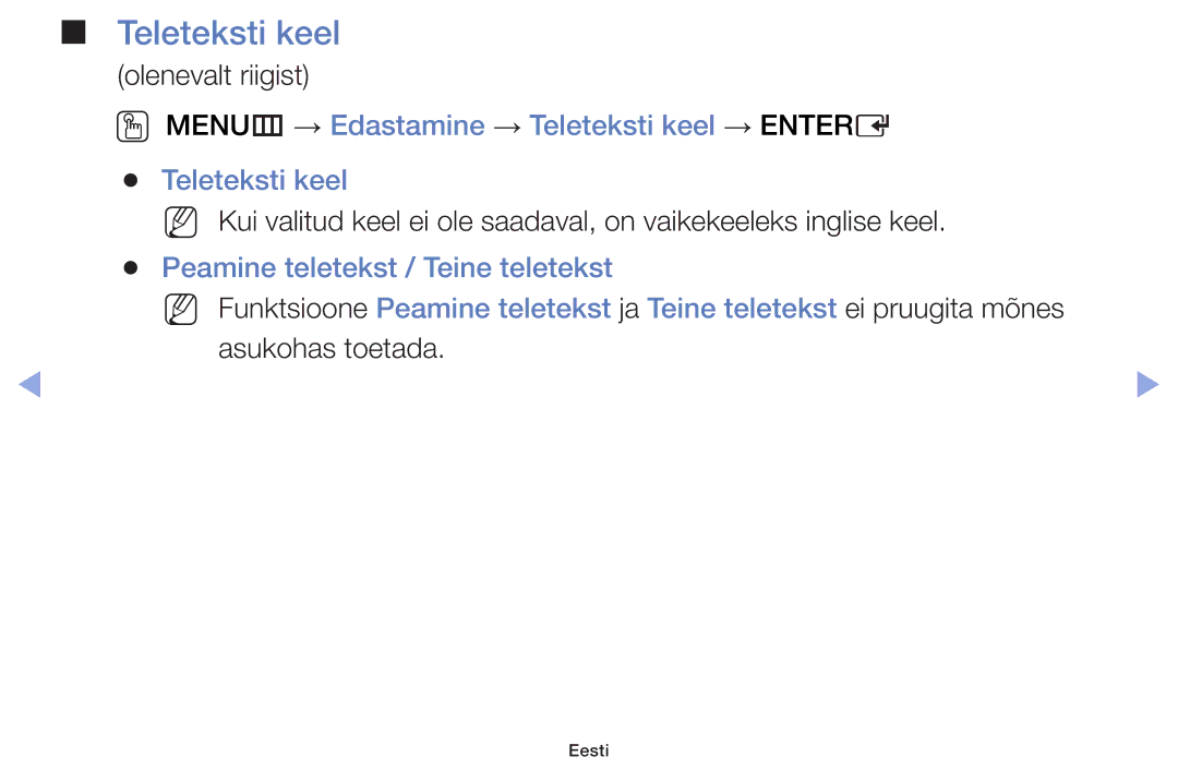 Samsung UE40F6100AWXBT manual OO MENUm → Edastamine → Teleteksti keel → Entere, Peamine teletekst / Teine teletekst 