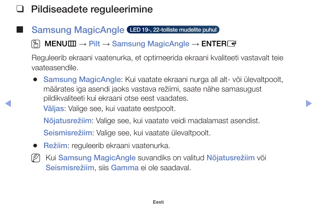 Samsung UE55F6100AWXBT, UE60F6170SSXZG manual Pildiseadete reguleerimine, OO MENUm → Pilt → Samsung MagicAngle → Entere 