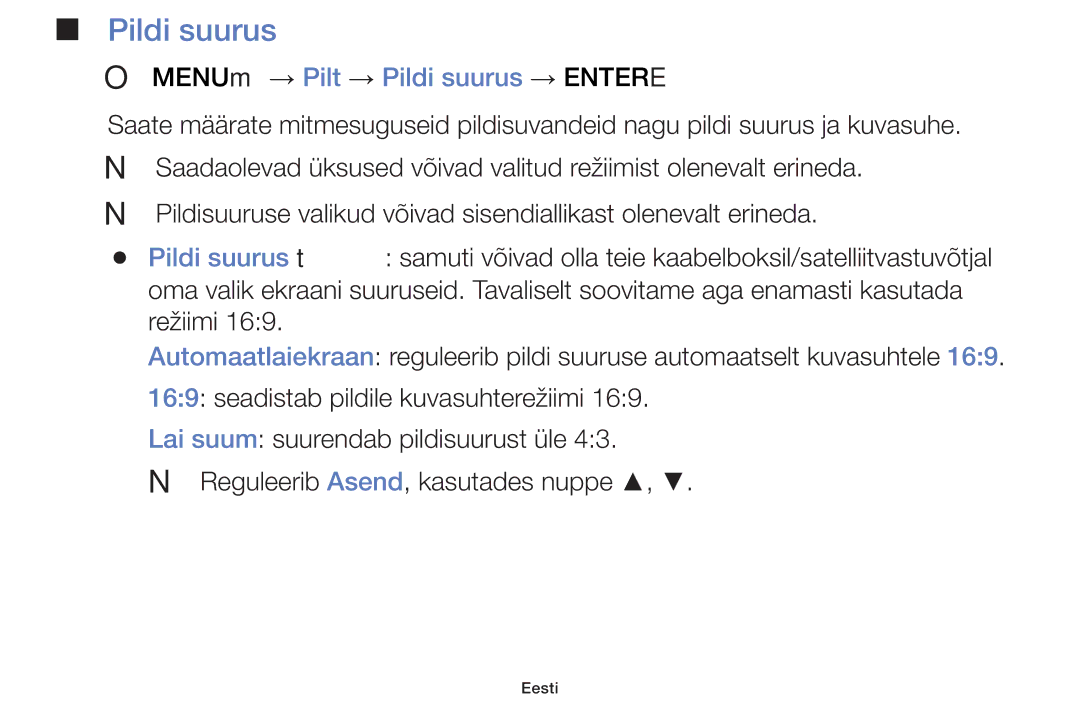 Samsung UE32F6100AWXBT, UE60F6170SSXZG, UE22F5000AWXBT, UE19F4000AWXBT manual OO MENUm → Pilt → Pildi suurus → Entere 
