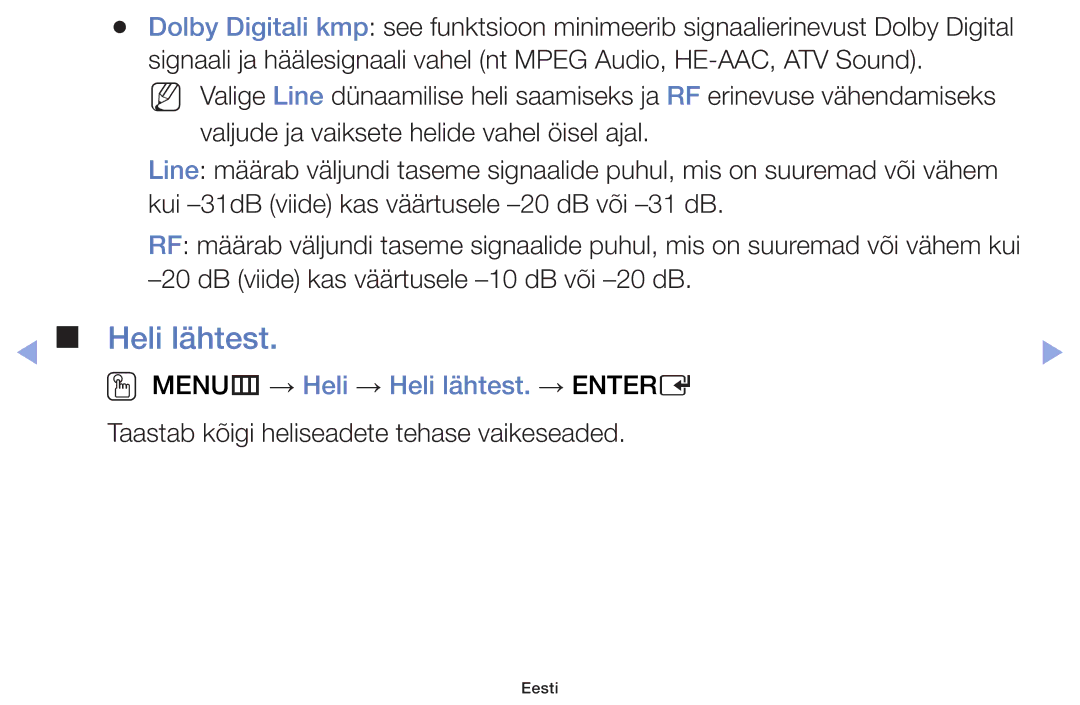 Samsung UE28F4000AWXBT, UE60F6170SSXZG, UE22F5000AWXBT, UE19F4000AWXBT manual OO MENUm → Heli → Heli lähtest. → Entere 