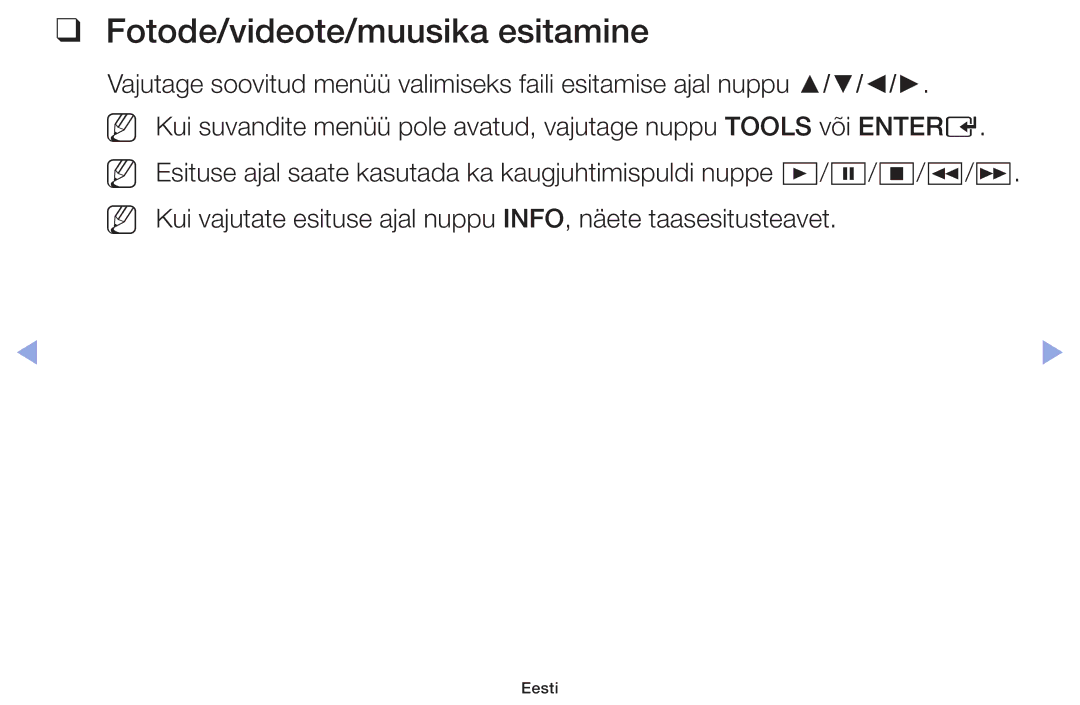 Samsung UE22F5000AWXBT, UE60F6170SSXZG, UE19F4000AWXBT, UE55F6100AWXBT, UE28F4000AWXBT manual Fotode/videote/muusika esitamine 