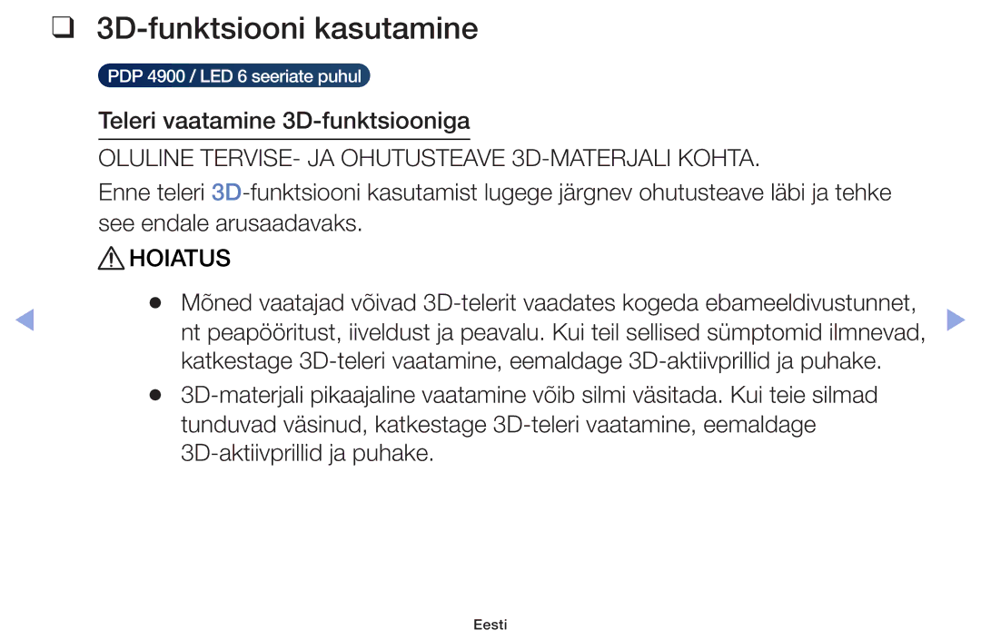 Samsung UE22F5000AWXBT, UE60F6170SSXZG manual 3D-funktsiooni kasutamine, Oluline TERVISE- JA Ohutusteave 3D-MATERJALI Kohta 