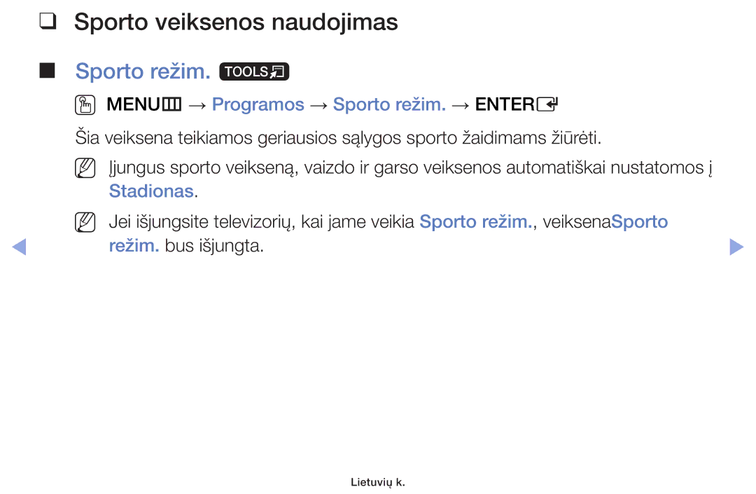 Samsung UE46F6100AWXBT manual Sporto veiksenos naudojimas, Sporto režim. t, OO MENUm → Programos → Sporto režim. → Entere 