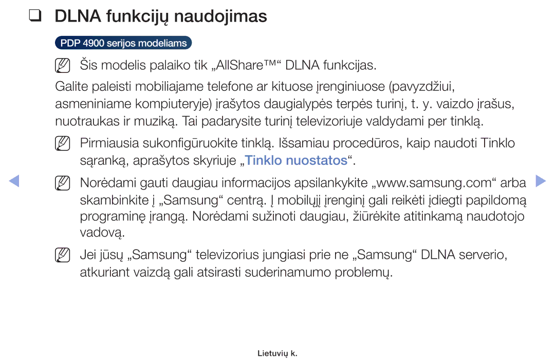 Samsung UE46F6100AWXBT, UE60F6170SSXZG manual Dlna funkcijų naudojimas, NN Šis modelis palaiko tik „AllShare Dlna funkcijas 