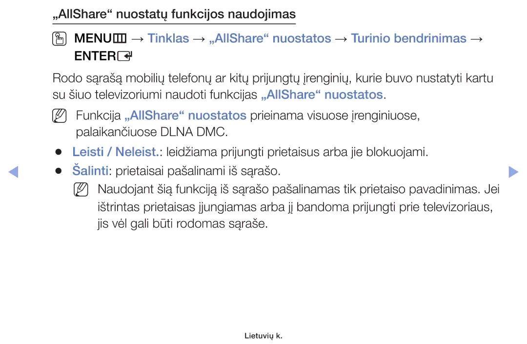 Samsung UE28F4000AWXBT, UE60F6170SSXZG, UE22F5000AWXBT, UE19F4000AWXBT manual „AllShare nuostatų funkcijos naudojimas 