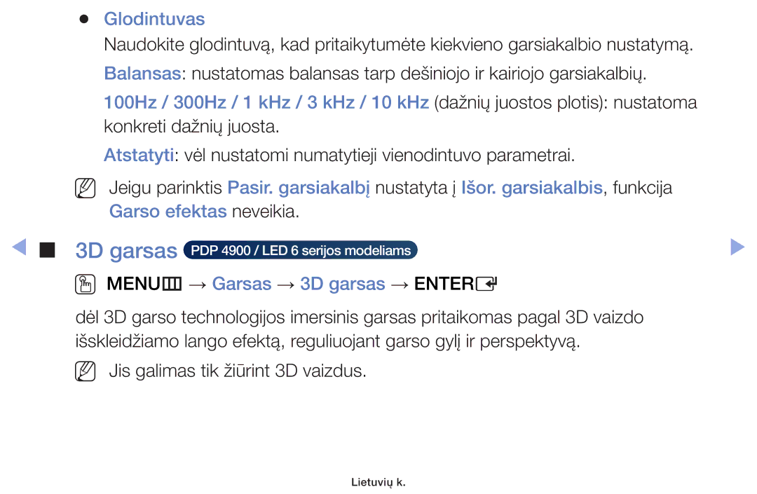 Samsung UE46F6100AWXBT, UE60F6170SSXZG, UE22F5000AWXBT manual Glodintuvas, OO MENUm → Garsas → 3D garsas → Entere 